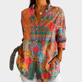 Léonie - Bluza cu nasturi din patchwork de flori sălbatice însorite