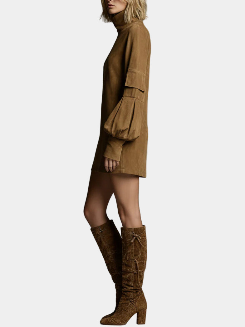 Dimitra - Rochie mini din suede cu guler înalt, stil oversized
