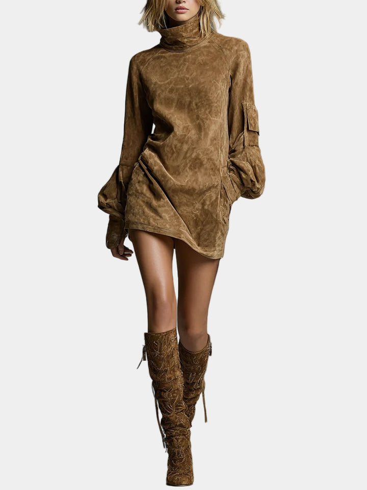 Dimitra - Rochie mini din suede cu guler înalt, stil oversized