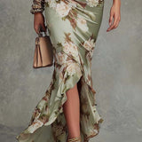 Anastasia - Rochie lungă din satin cu imprimeu floral