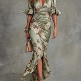 Anastasia - Rochie lungă din satin cu imprimeu floral