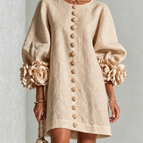 AMBRA - Rochie Mini din Amestec de In cu Mansete Legate în Nuante de Roz si Bej