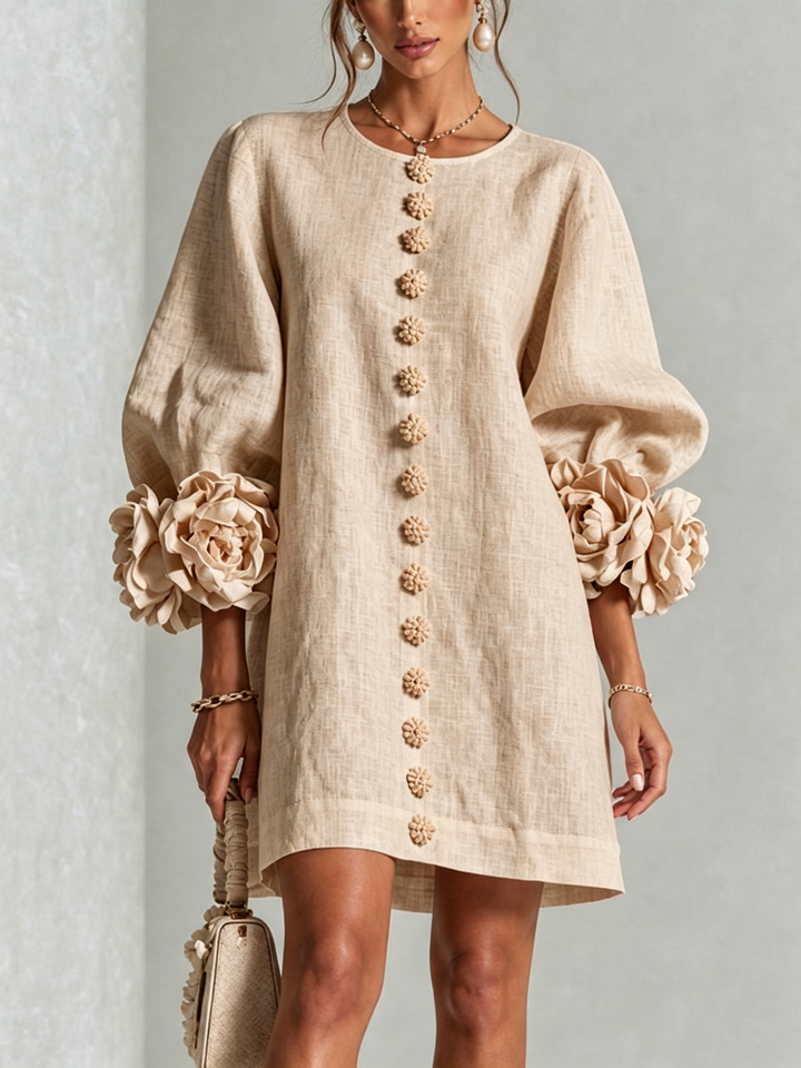 AMBRA - Rochie Mini din Amestec de In cu Mansete Legate în Nuante de Roz si Bej