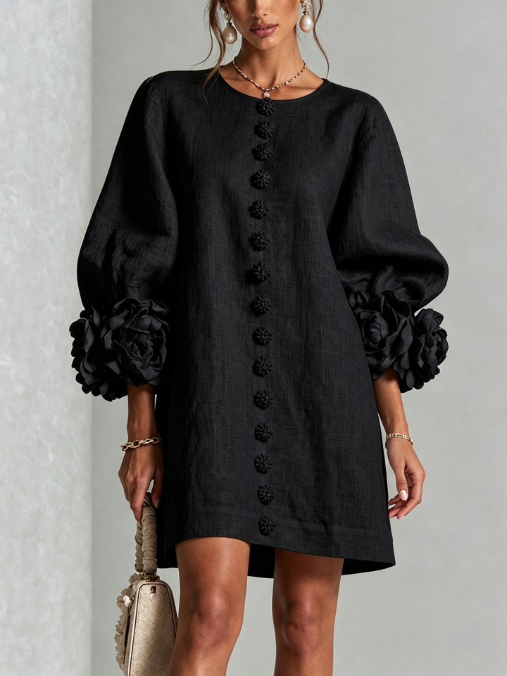 CECILIA - Rochie Mini din Amestec de In cu Manșete Legate în Nuante de Roz și Negru