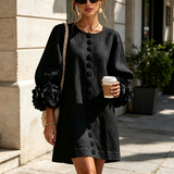CECILIA - Rochie Mini din Amestec de In cu Manșete Legate în Nuante de Roz și Negru