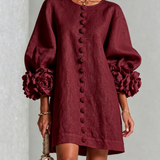 ILARIA - Rochie Mini din Amestec de In cu Mansete Legate în Nuante de Roz si Bordeaux