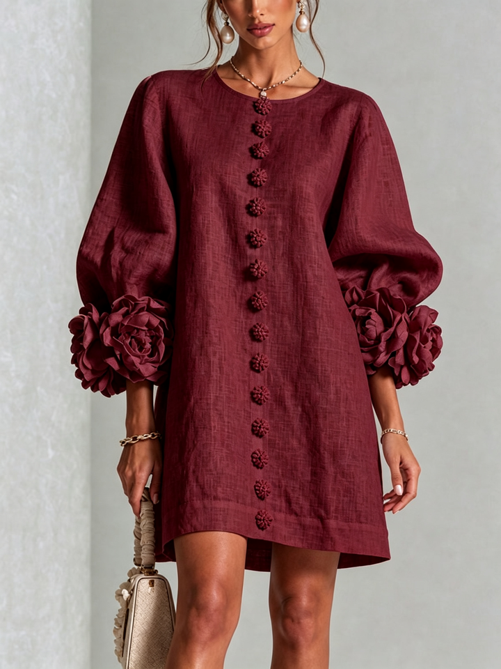 ILARIA - Rochie Mini din Amestec de In cu Mansete Legate în Nuante de Roz si Bordeaux