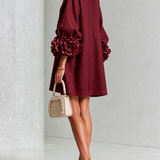 ILARIA - Rochie Mini din Amestec de In cu Mansete Legate în Nuante de Roz si Bordeaux