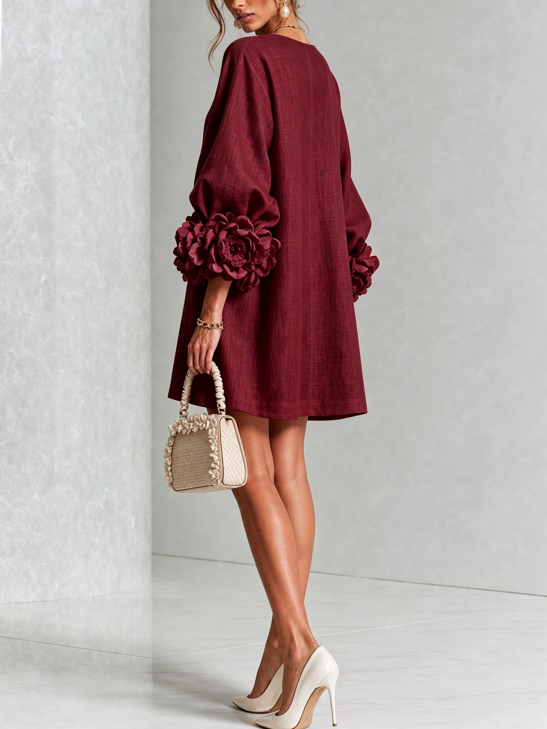 ILARIA - Rochie Mini din Amestec de In cu Mansete Legate în Nuante de Roz si Bordeaux