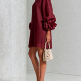 ILARIA - Rochie Mini din Amestec de In cu Mansete Legate în Nuante de Roz si Bordeaux