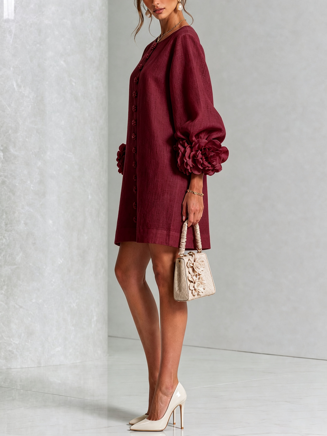 ILARIA - Rochie Mini din Amestec de In cu Mansete Legate în Nuante de Roz si Bordeaux