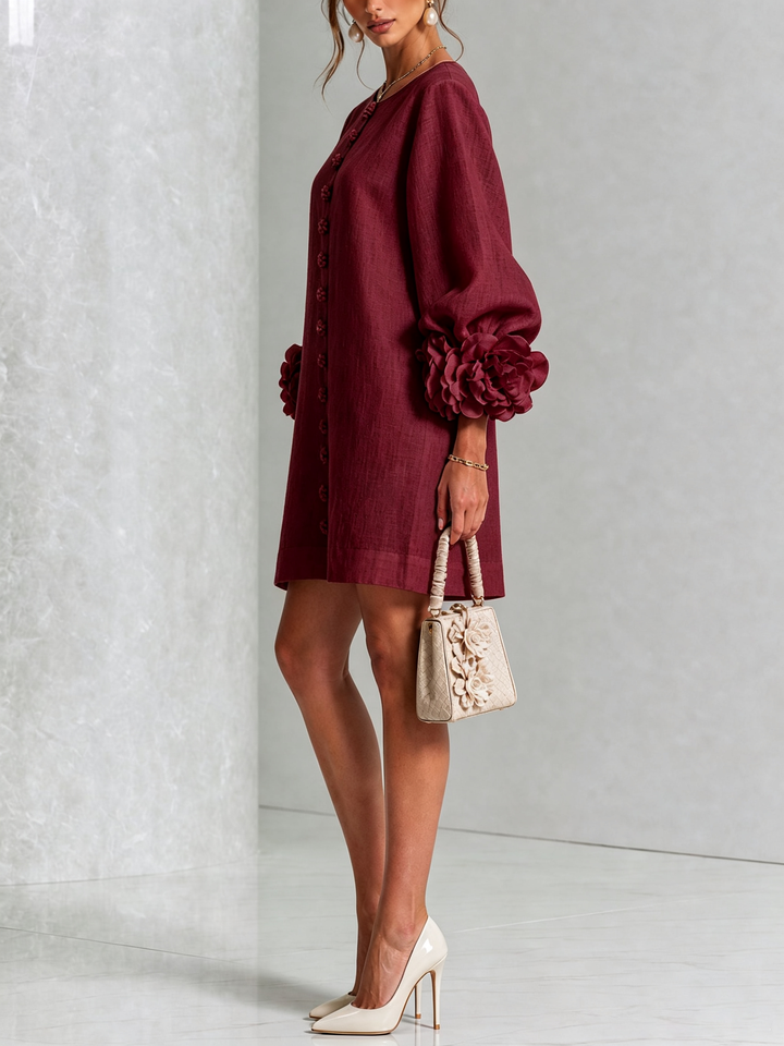 ILARIA - Rochie Mini din Amestec de In cu Mansete Legate în Nuante de Roz si Bordeaux