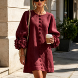 ILARIA - Rochie Mini din Amestec de In cu Mansete Legate în Nuante de Roz si Bordeaux