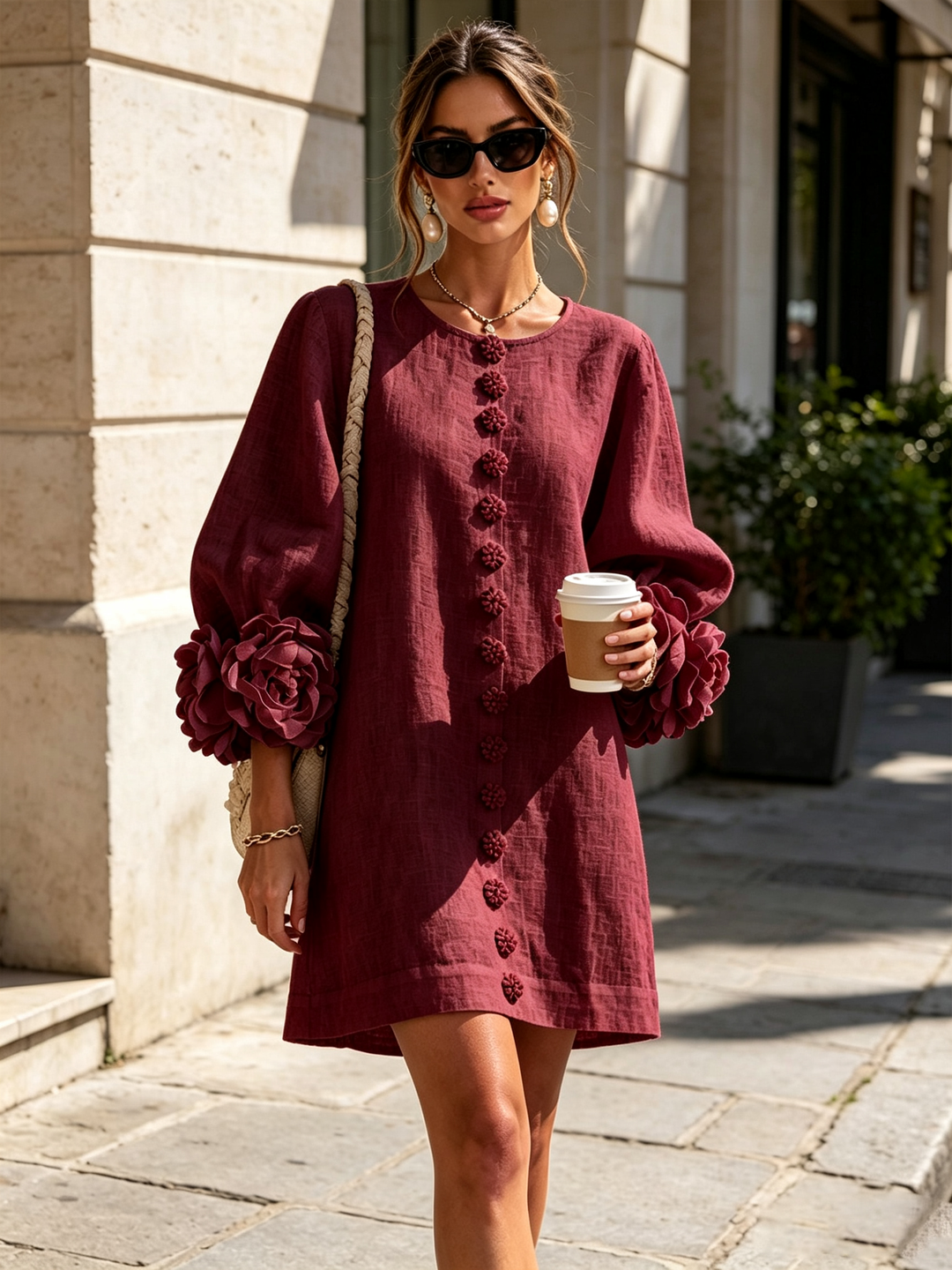ILARIA - Rochie Mini din Amestec de In cu Mansete Legate în Nuante de Roz si Bordeaux