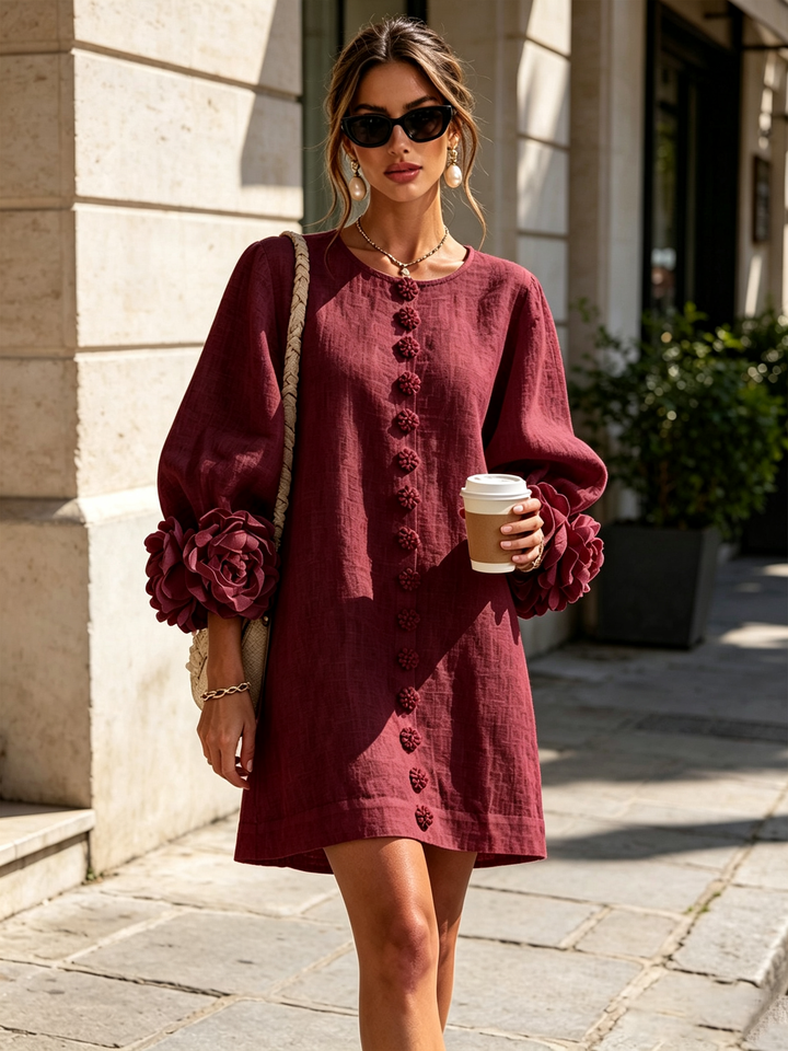 ILARIA - Rochie Mini din Amestec de In cu Mansete Legate în Nuante de Roz si Bordeaux