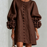 BRUNA - Rochie Mini din Amestec de In cu Mansete Legate în Nuante de Roz și Ciocolată