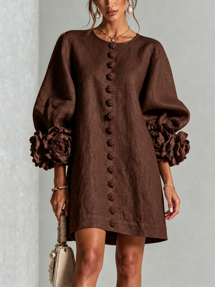 BRUNA - Rochie Mini din Amestec de In cu Mansete Legate în Nuante de Roz și Ciocolată