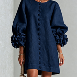 MARINA - Rochie Mini din Amestec de In cu Mansete Legate în Nuante de Roz și Albastru Marin