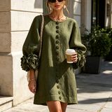 GAIA - Rochie Mini din Amestec de In cu Mansete Legate în Nuante de Roz si Verde Oliv