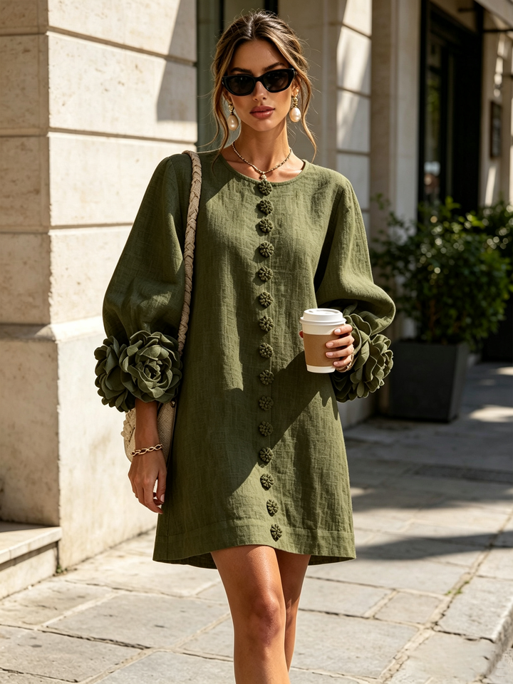 GAIA - Rochie Mini din Amestec de In cu Mansete Legate în Nuante de Roz si Verde Oliv