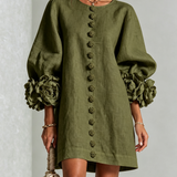 GAIA - Rochie Mini din Amestec de In cu Mansete Legate în Nuante de Roz si Verde Oliv