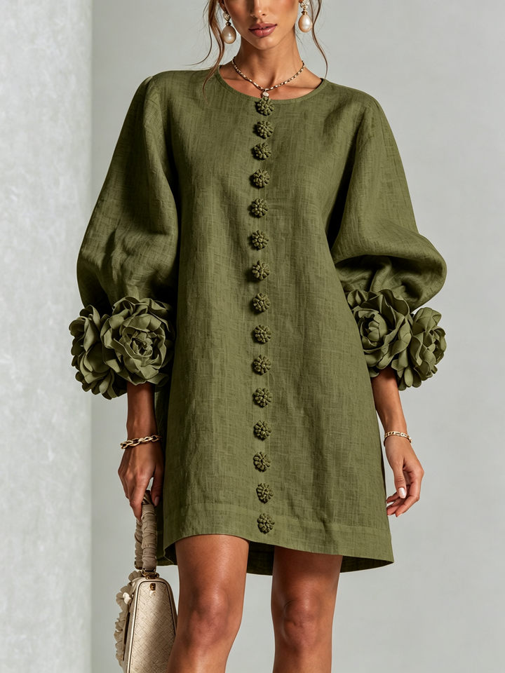 GAIA - Rochie Mini din Amestec de In cu Mansete Legate în Nuante de Roz si Verde Oliv