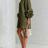 GAIA - Rochie Mini din Amestec de In cu Mansete Legate în Nuante de Roz si Verde Oliv