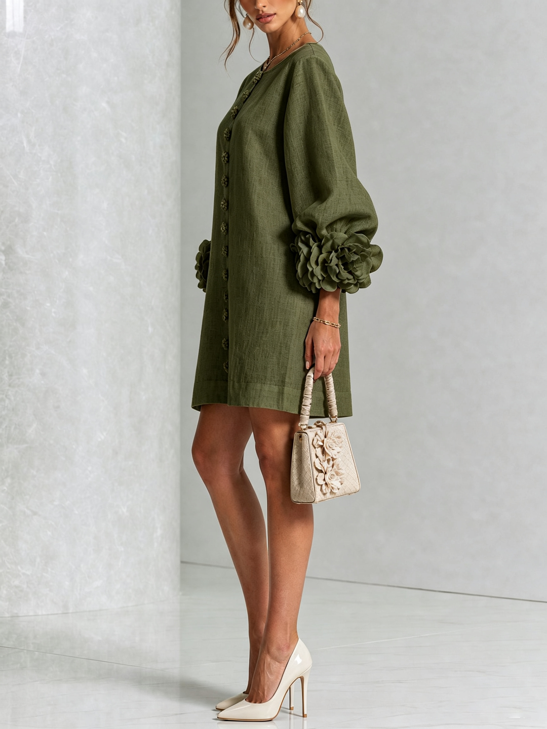 GAIA - Rochie Mini din Amestec de In cu Mansete Legate în Nuante de Roz si Verde Oliv