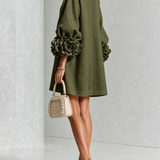 GAIA - Rochie Mini din Amestec de In cu Mansete Legate în Nuante de Roz si Verde Oliv