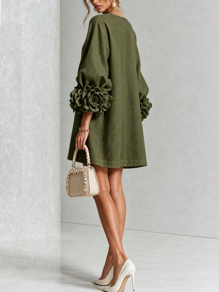 GAIA - Rochie Mini din Amestec de In cu Mansete Legate în Nuante de Roz si Verde Oliv