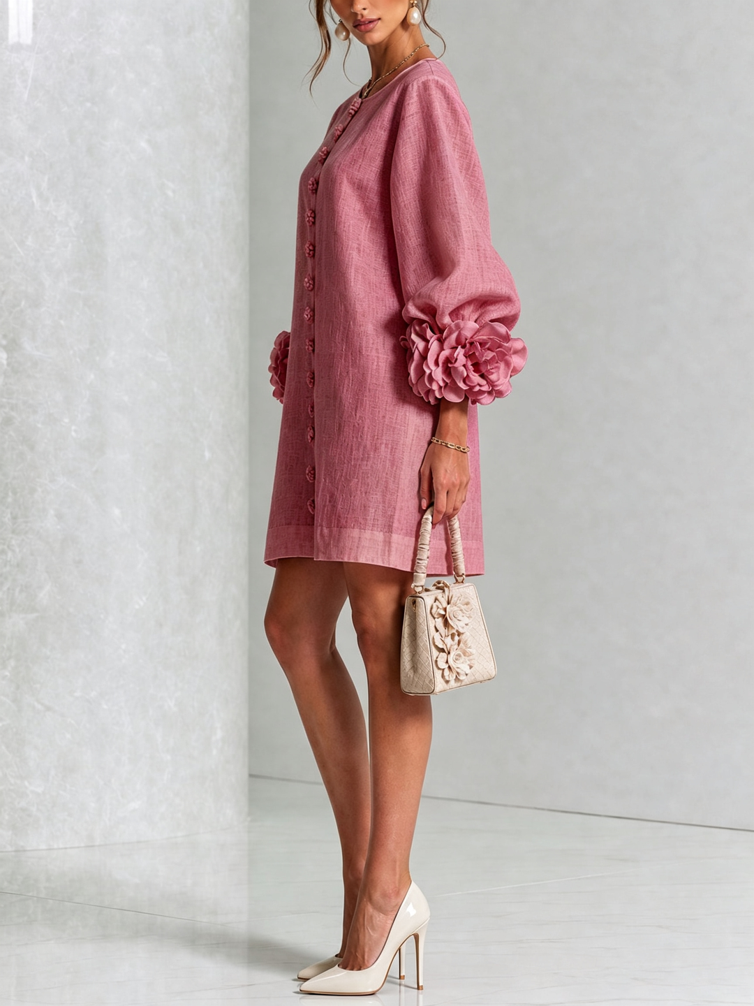 ALBA - Rochie Mini din Amestec de In cu Mâneci Legate, Roz Antic
