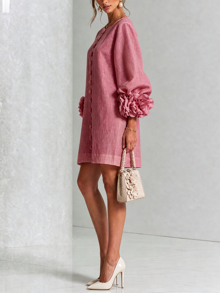 ALBA - Rochie Mini din Amestec de In cu Mâneci Legate, Roz Antic