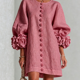 ALBA - Rochie Mini din Amestec de In cu Mâneci Legate, Roz Antic