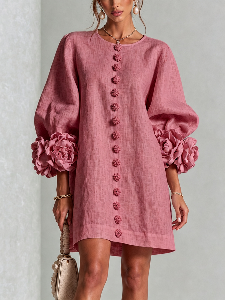 ALBA - Rochie Mini din Amestec de In cu Mâneci Legate, Roz Antic