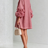 ALBA - Rochie Mini din Amestec de In cu Mâneci Legate, Roz Antic