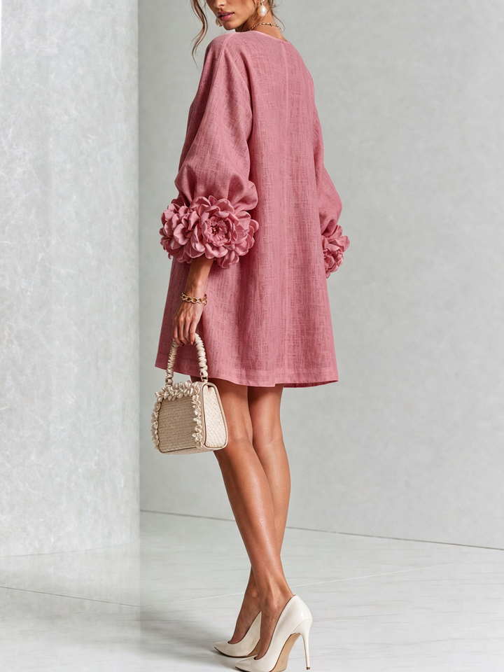 ALBA - Rochie Mini din Amestec de In cu Mâneci Legate, Roz Antic