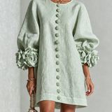 DELIA - Rochie Mini din Amestec de In cu Mansete Legate în Nuante de Roz si Verde Salvie