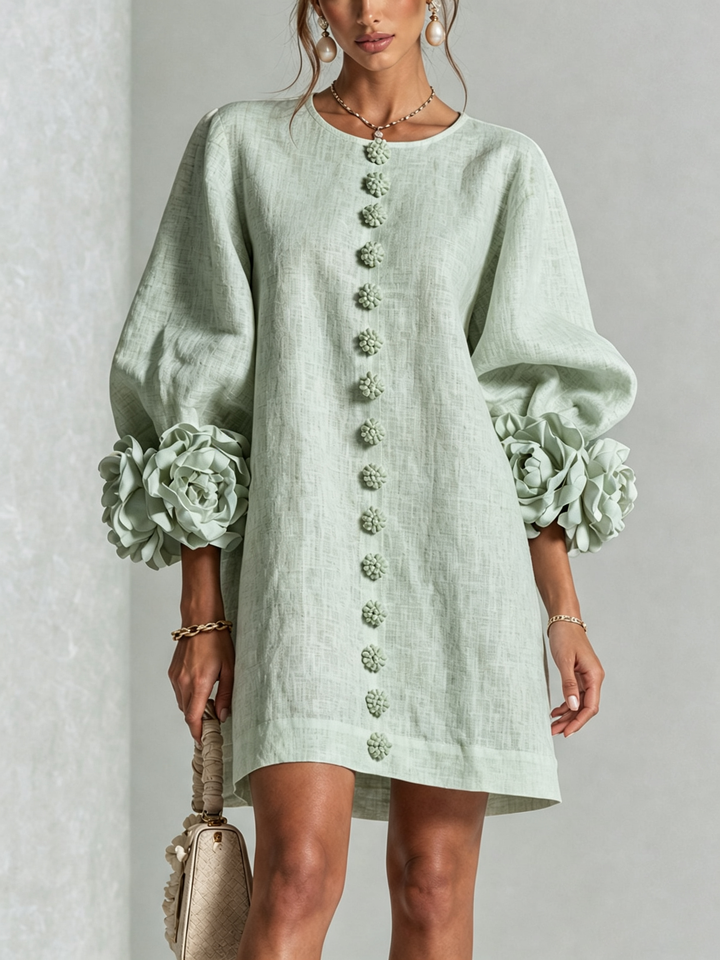DELIA - Rochie Mini din Amestec de In cu Mansete Legate în Nuante de Roz si Verde Salvie