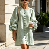DELIA - Rochie Mini din Amestec de In cu Mansete Legate în Nuante de Roz si Verde Salvie