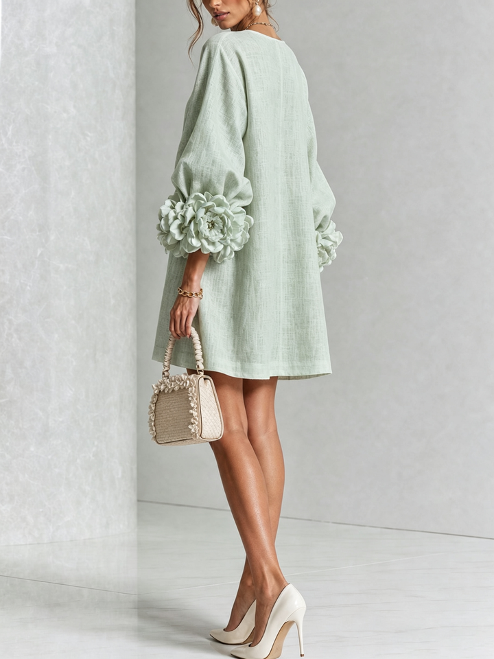 DELIA - Rochie Mini din Amestec de In cu Mansete Legate în Nuante de Roz si Verde Salvie