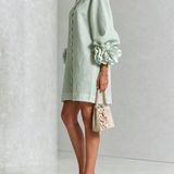 DELIA - Rochie Mini din Amestec de In cu Mansete Legate în Nuante de Roz si Verde Salvie