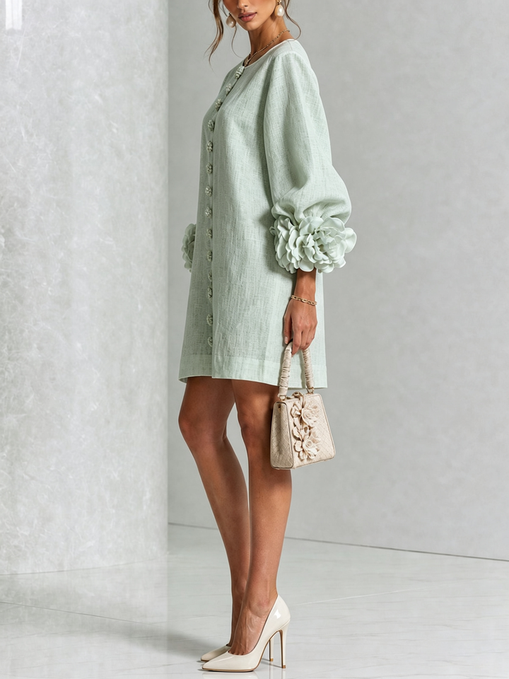 DELIA - Rochie Mini din Amestec de In cu Mansete Legate în Nuante de Roz si Verde Salvie