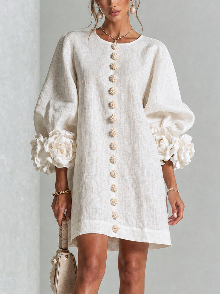 CHIARA - Rochie Mini din Amestec de In cu Mansete Legate, Roz și Alb