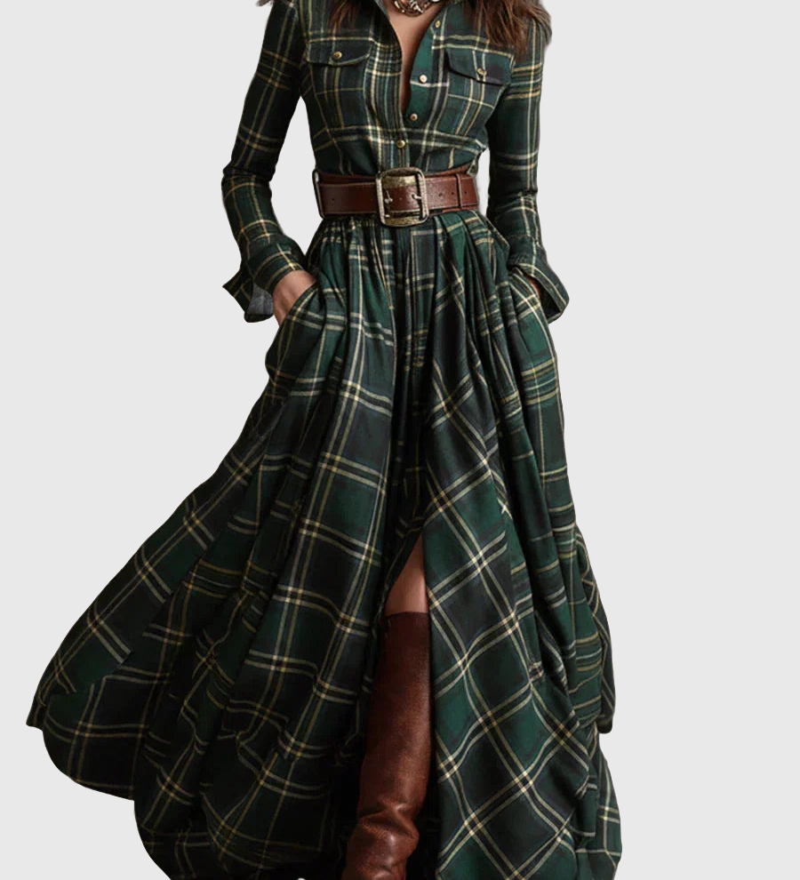 Elena – Rochie Lungă cu Carouri și Croială Fluidă - remove_bg