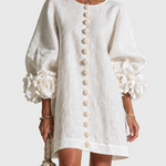 CHIARA | Rochie Mini din Amestec de In cu Mansete Legate, Roz și Alb - remove_bg