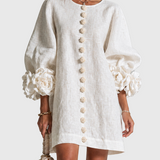 CHIARA | Rochie Mini din Amestec de In cu Mansete Legate, Roz și Alb - remove_bg