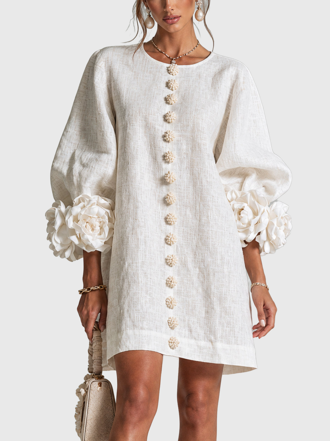 CHIARA | Rochie Mini din Amestec de In cu Mansete Legate, Roz și Alb - remove_bg