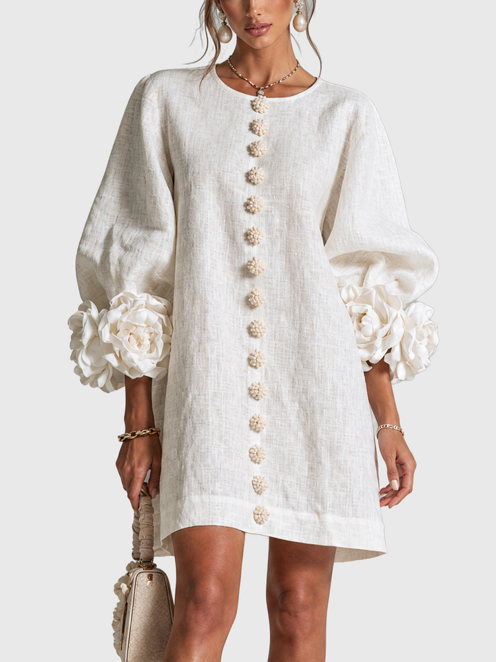 CHIARA | Rochie Mini din Amestec de In cu Mansete Legate, Roz și Alb - remove_bg