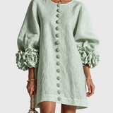 DELIA | Rochie Mini din Amestec de In cu Mansete Legate în Nuante de Roz si Verde Salvie - remove_bg