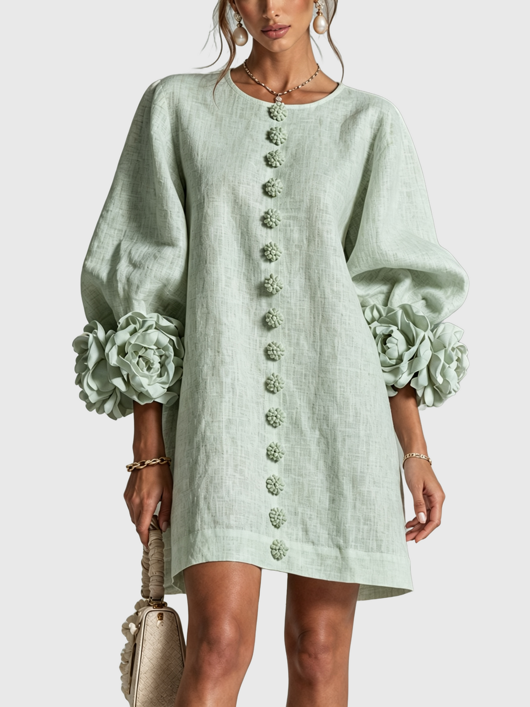 DELIA | Rochie Mini din Amestec de In cu Mansete Legate în Nuante de Roz si Verde Salvie - remove_bg